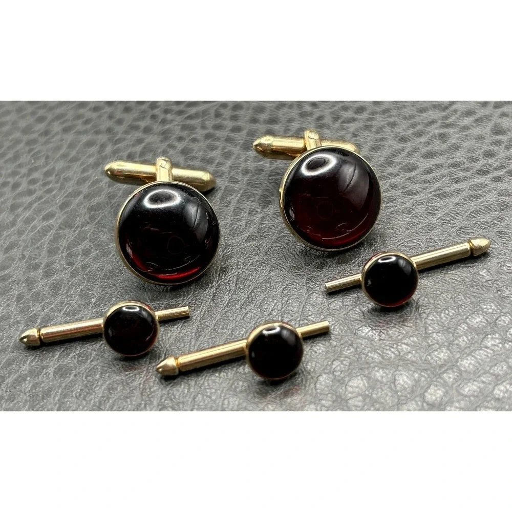 Vintage Swank Deep Red Cabochon Cufflinks Shirt Studs Cuff Buttons Gold Tone Set